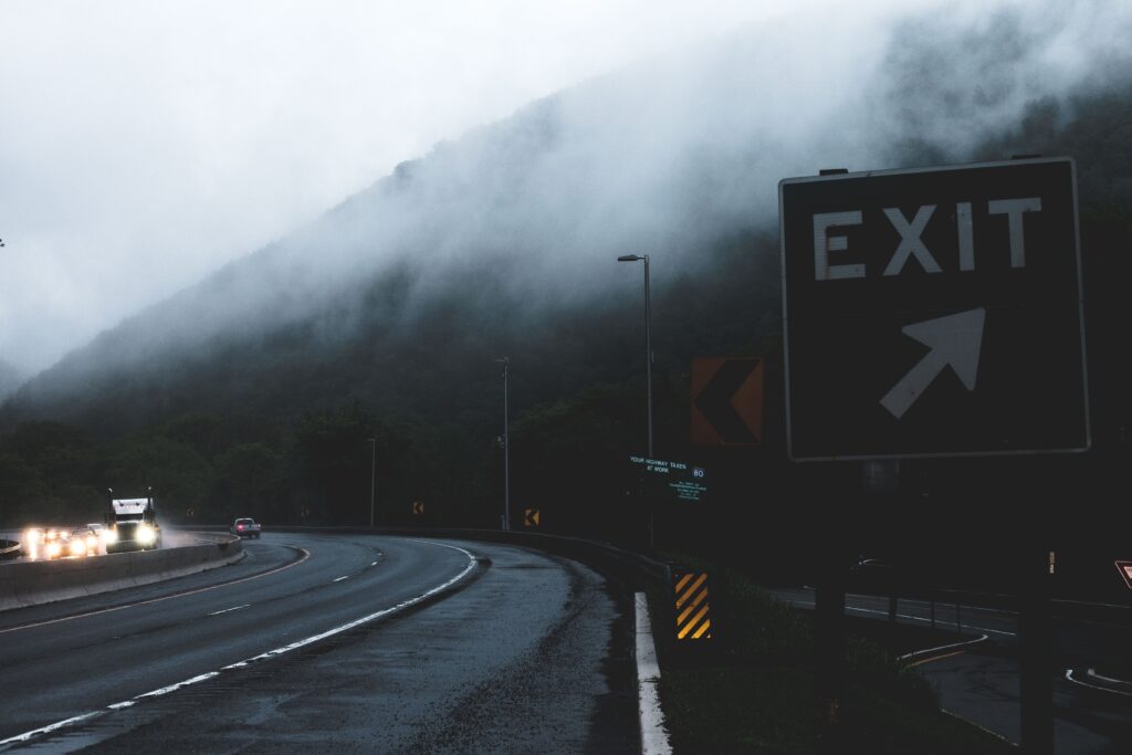 The exit of a highway, changing of direction, adventure to unknown, new direction